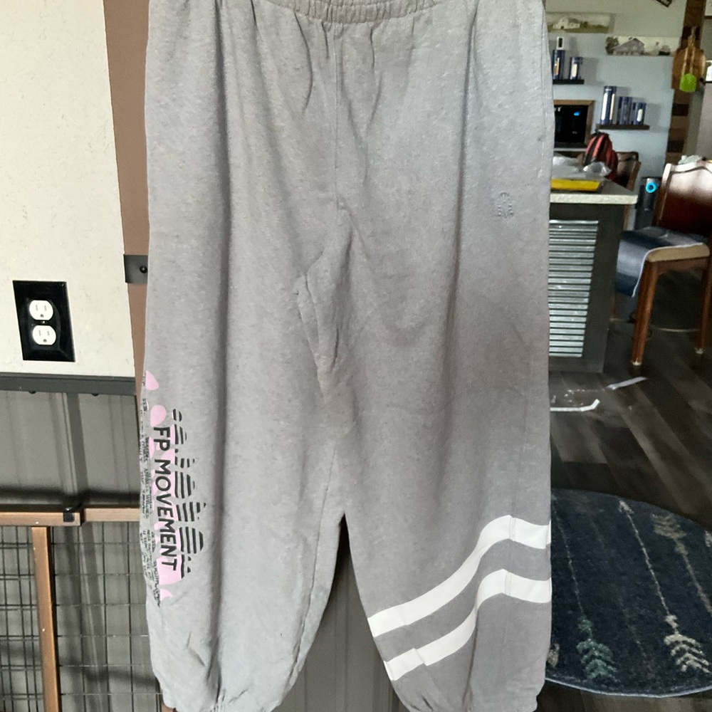 FP Movement by Free People Gray Track Joggers with White Stripes and Pink Logo
